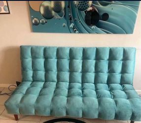 Blue suede couch