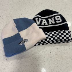 Lot Of 2 Vans Beanies Checkered Check Snowboard Hat Skater Blue Tan Black White