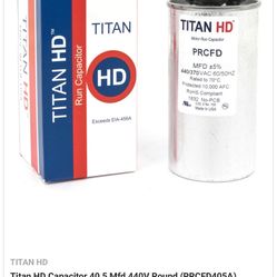 TITAN HD Motor Run Capacilor PRCFD405A 40 + 5 MFD $ 5 % 440/370 VAC 60/50HZ Rated to 70°C Protected 10,000 AFC RoHS Compliant 2530 No-PCB C22. 2 No. 1