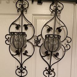 Pair Large Vintage Wall Mount Candle Sconce. Heavy Duty Metal. 