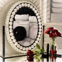Hollywood Vanity Mirror with Lights - Crystal Makeup Mirror I Vanity Mirror I Lighted Vanity Makeup Mirror I Oval Make Up Mirror with LED Lights I Van