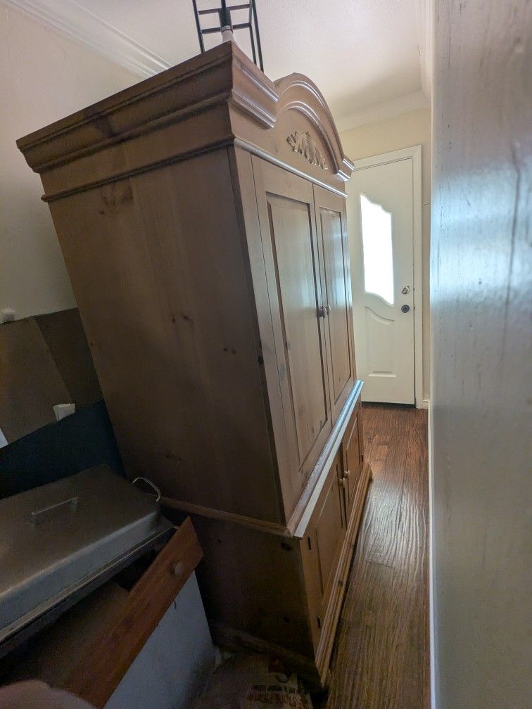 Large Two-Piece Armoire | Tall Light Brown Stand-Up Wardrobe Dresser