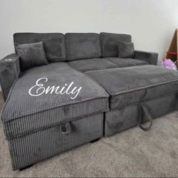 Stylish 2-Pc Corduroy Sectional Sofa With Pullout Bed,  Storage,  And USB Port 