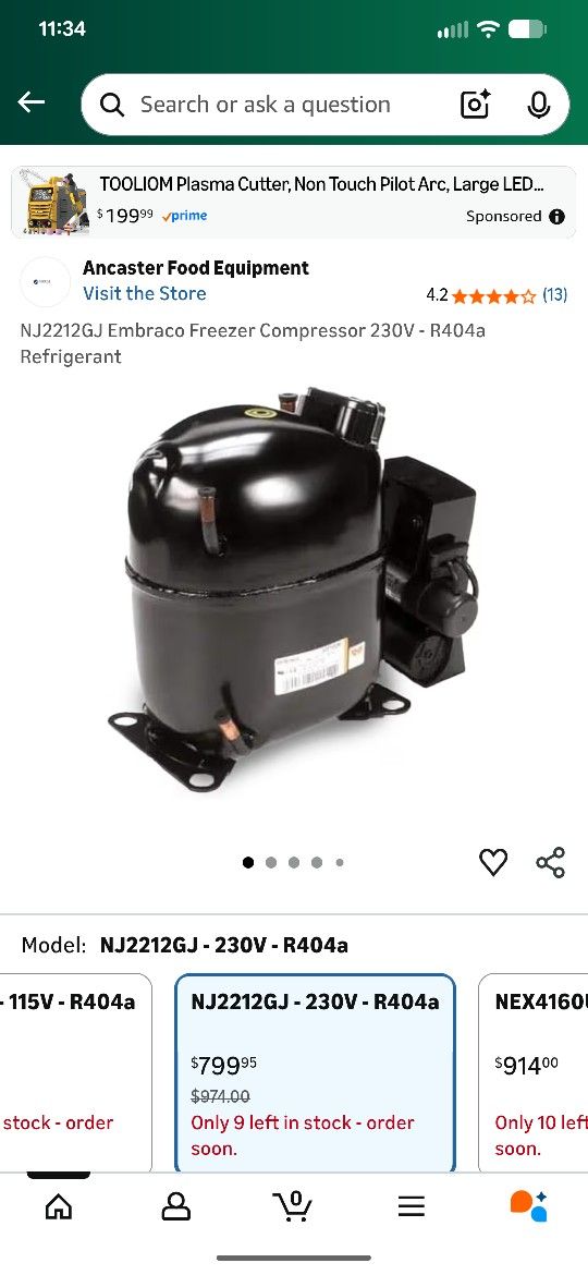 New NJ2212GJ Embraco Freezer Compressor 230V - R404a Refrigerant