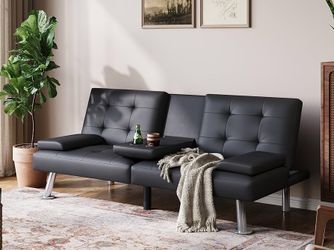 New Sofa Bed Modern Faux Leather Bed Convertible Folding Recliner for Living Room with 2 Cup Holders and Armrest Modern PU Leather Convertible Futon w