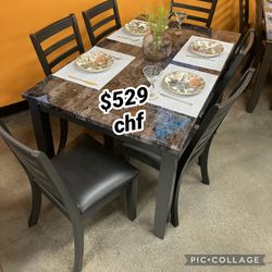 Brown Faux Marble Top 7 Piece Dining Table Set 