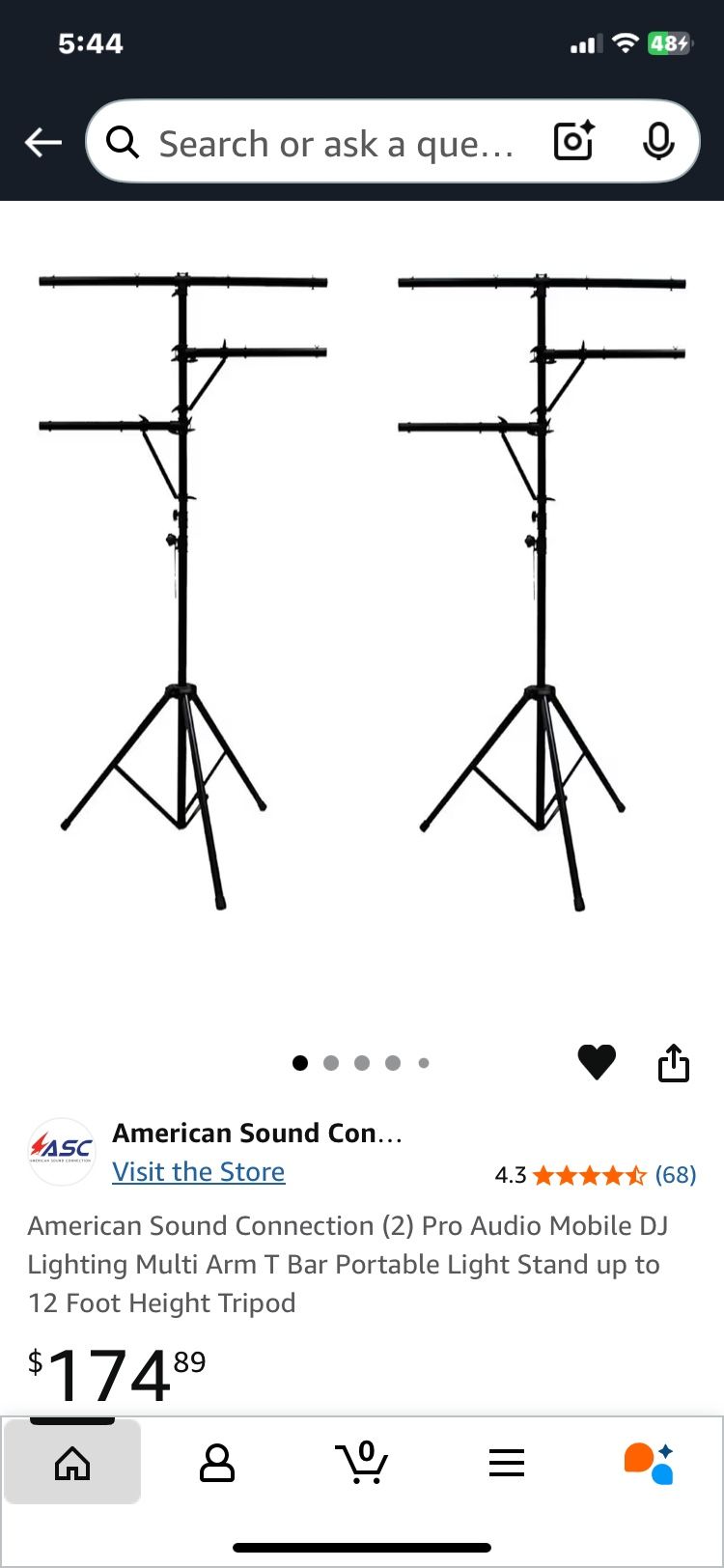 2x- American Sound Connection (2) Pro Audio Mobile DJ Lighting Multi Arm T Bar Portable Light Stand up to 12 Foot Height Tripod