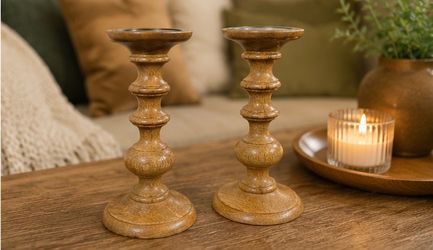 Set of 2 Rustic Wooden Candlestick Holders – Farmhouse Home Decor