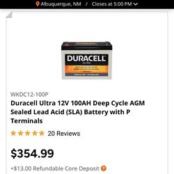 Duracell Ultra 12V 100AH Deep Cycle AGM Sealed Lead Acid (SLA) Battery