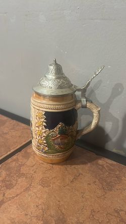 German Ceramic Beer Stein with Pewter Lid