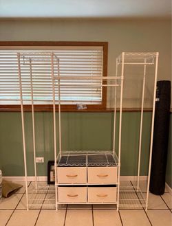 White Wire Closet Organizer System l Garment Racks + 4-Drawer Storage Unit