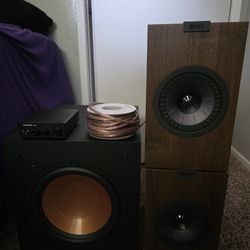 KEF Q150 bookshelf speakers+ 600W amp + Klipsch KD-10SW 10 inch sub