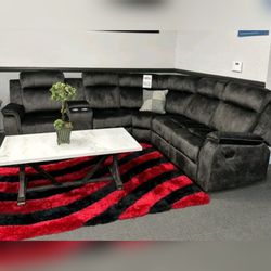 DARK GRAY Faux Suede Modular Sectional Sofa w/ Power Recliner