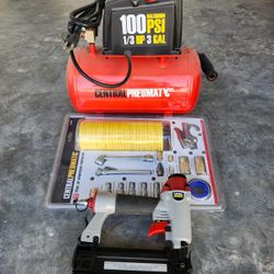 Central Pneumatic 3 Gal Air Compressor W/10 Inch Hose & Attachments