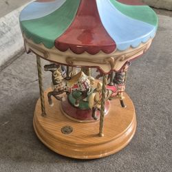 Musical Carousel Four Porcelin Rotating Horses on Oak Base Carousel Waltz