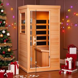 1754a  1 Person Infrared Sauna, Hemlock Wooden Indoor Dry Saunas，Full Spectrum Mini Sauna with 4 Heater Panels, Bluetooth Speaker, Tempered Glass Door
