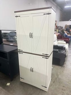 71" Tall Farmhouse Kitchen Pantry Cabinet, 5 Layers Storage Cabinet with Adjustable Shelves, Farmhouse Pantry Cabinet with 4 Barn Doors for Kitchen, D