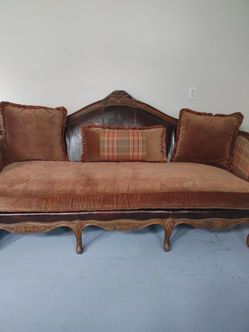 Antique Large Plunkett Leather & Plaid Fabric And Wood Couch