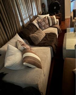 Large Sectional Sofa in Beige Ribbed Fabric