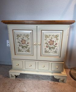 Vintage Floral Painted Wood Cabinet with Drawers