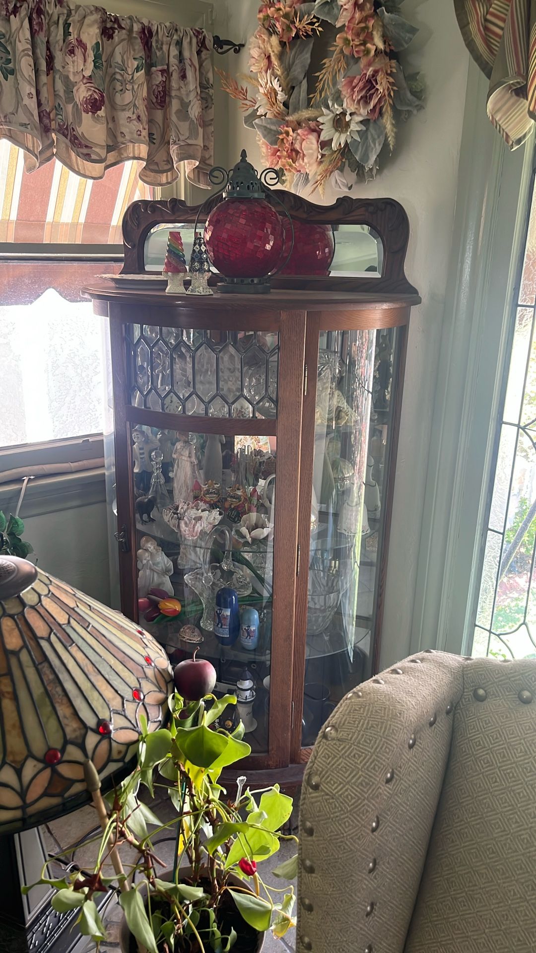 Curved Glass Oak China Cabinet Leaded Glass Accents