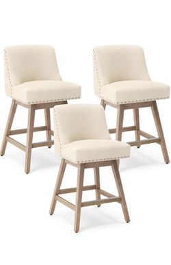 Set Of 3 26 Inch Bar Stools Beige Swivel Counter Stools with Back, Linen Fabric Upholstered Barstools, Solid Wood Legs with Footrest, Modern