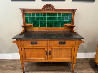 Antique Victorian Marble Top Washstand with Green Tile Backsplash