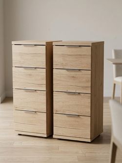 Pair of Modern 4-Drawer Tall Nightstands / Compact Accent Chests – Light Oak Finish