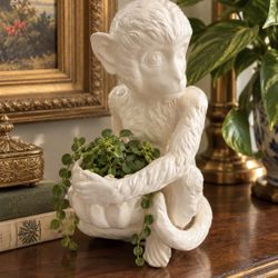 RARE MCM White Ceramic Monkey Holding Planter Mid Century Vintage Figurine Statue Centerpiece 