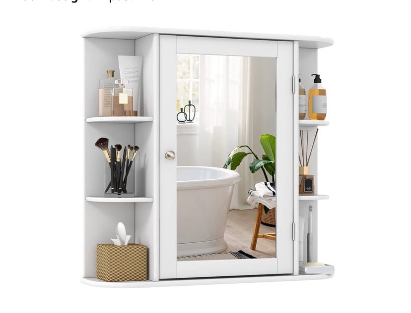 Bathroom Medicine Cabinet with Mirror, Wall Mounted Home Storage with Door & 6 Open Shelves, Adjustable Shelves, Mirrored Bathroom Wall Cabinet (Whit