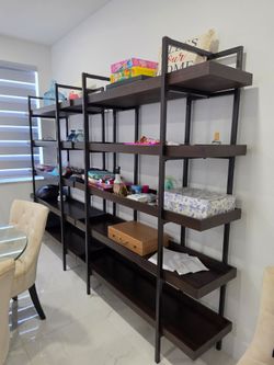 Pair of Modern Industrial 5-Tier Tray Shelf Bookcases – Dark Wood & Metal Etagere
$80 per unit.