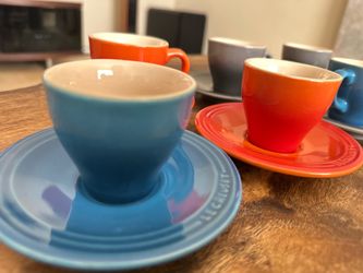 Le Creuset Cherry Red Enamel Espresso Cup and Saucer Set, Cream Interior for 6 colors