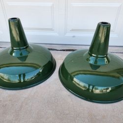 2 Vintage Lamp Green & White Porcelain Enamel 20" Diameter Light Shade