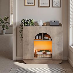 Farmhouse Entryway Console Table with Storage,Modern LED Light Storage Cabinet with 3 Doors,Rounded Edges, Plywood Construction,Accent Sideboard for L