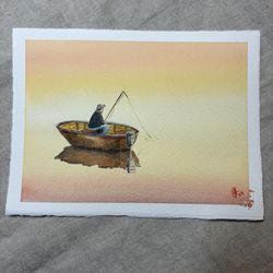Lake Fishing  Original Watercolor Painting 