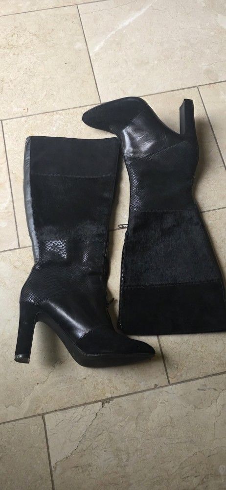 Anne Klein Black Genuine Leather Calf Hair Snake Skin Zip High Heel Boots 9 5M