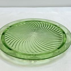 Vintage 1930s  Anchor Hocking Uranium Glass Swirl Design Footed Cake Plate | Green Depression/ Vaseline Glass Footed Cake Plate
