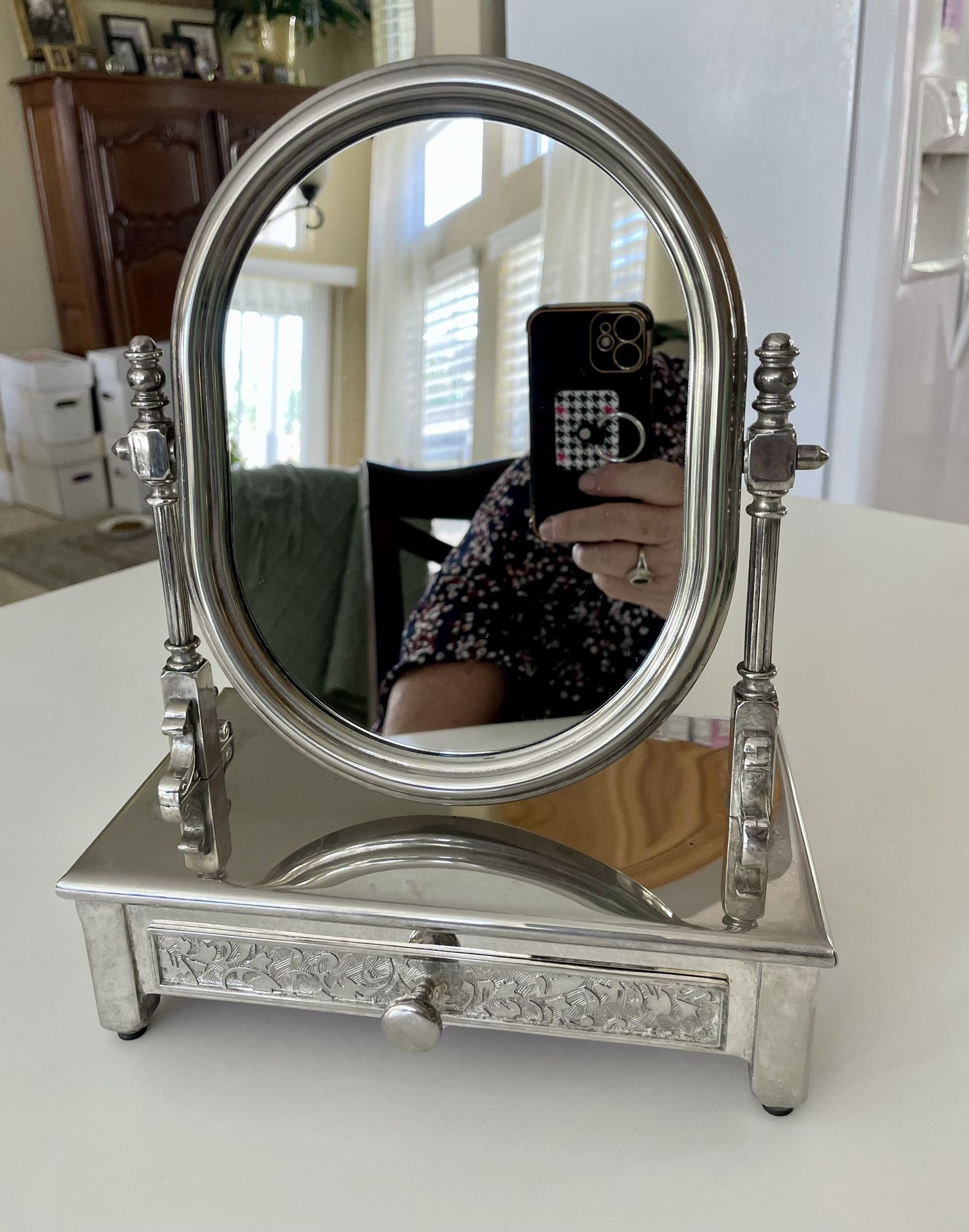 Antique Vera Lucino Silverplate Vanity Mirror Jewelry Box | Late 1800s Silverplated
