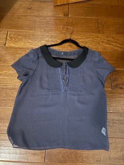 American Eagle Navy Sheer Dot Blouse with Black Peter Pan Collar, size - L