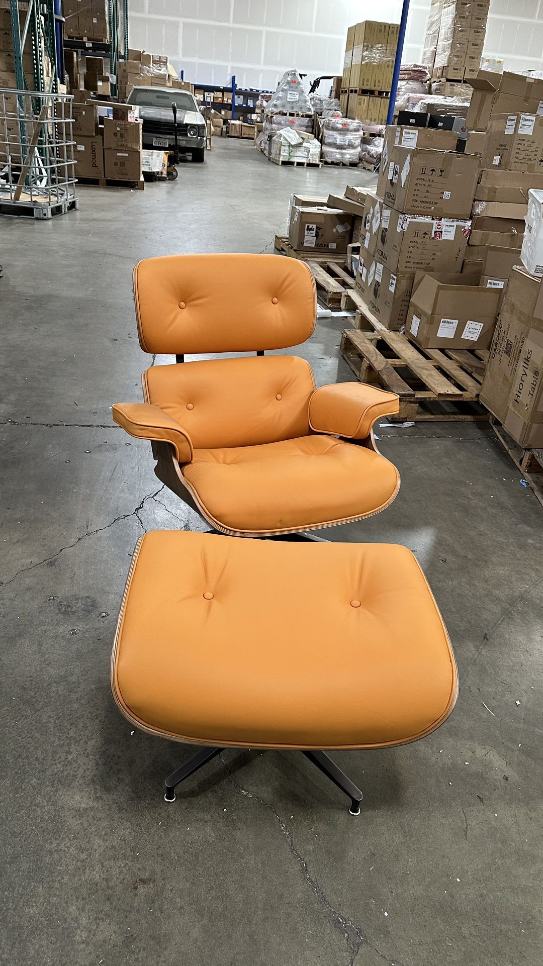 Mid-Century Modern Genuine Leather Lounge Chair & Ottoman – Orange Accent Chair