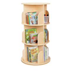 OOOK Kids Rotating Bookshelf, Small Corner Bookshelf for Small Space, 360° Display 3 Tier Floor Standing Bookcase Storage Rack, Wooden Narrow Bookcase