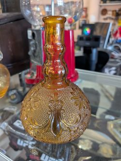 Vintage Amber Glass Embossed Decanter Ornate Pattern Decorative Bottle Barware