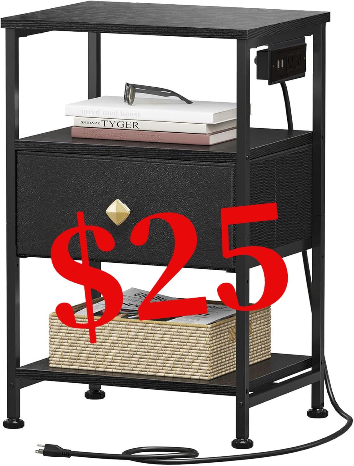 Nightstand with Charging Station, Bedside Table with Adjustable Leather Fabric Drawer, End Table with 3-Tier Storage Open Shelf, Night Stand with Draw