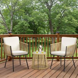3 Piece Patio Rattan Bistro Set, Outdoor All Weather PE Wicker Conversation Furniture Set 615125