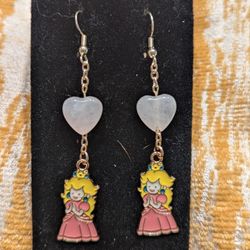 Handmade Princess Peach Rose Quartz Fish Hook Earrings