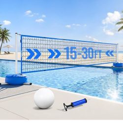 Pool Volleyball Net Set for Inground/Above Ground with Adjustable 15-30FT Length, Pool Games for Adults and Family, Poolside Volleyball Nets with Ball