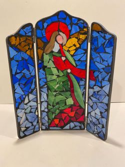 Vintage Stained Glass Angel Trifold Triptych Tabletop Window Panel 11” tall and 9” wide