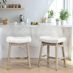 Counter Height White Bar Stools Set of 2 for Kitchen Counter Farmhouse Modern Barstools with Faux Leather Upholstered Backless Seat and Solid Wood Leg