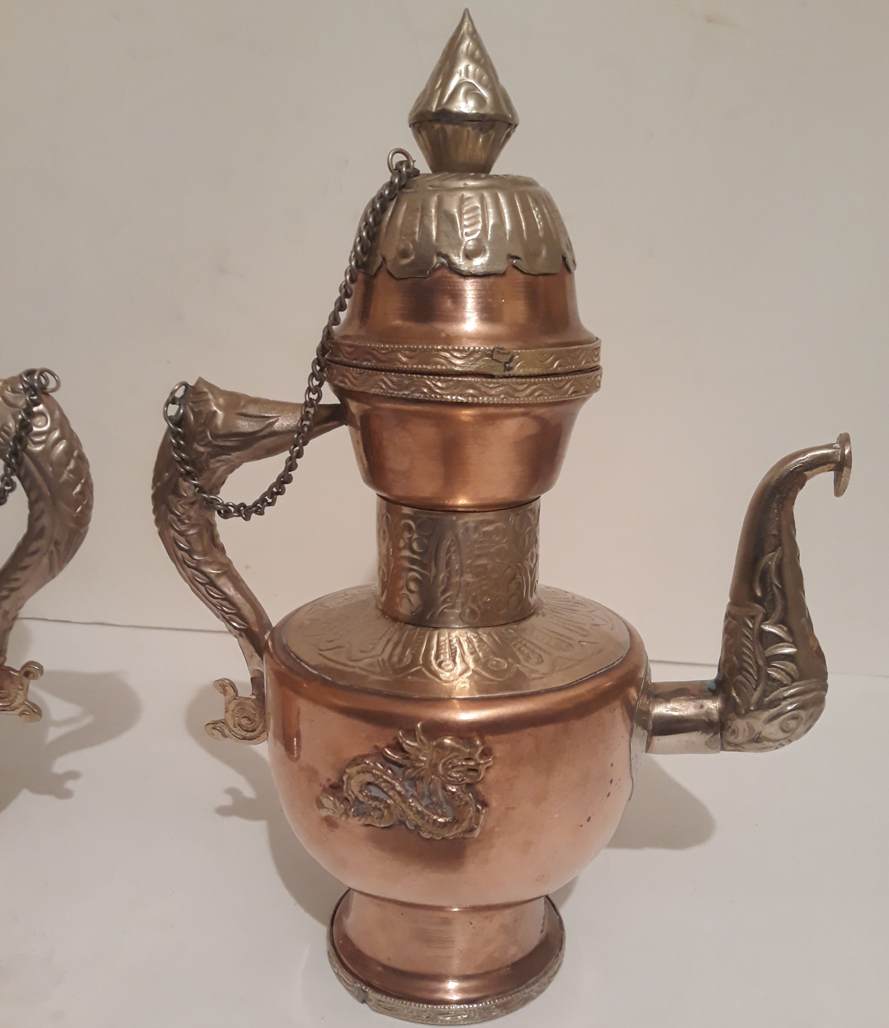 Vintage Set of 2 Metal Copper, Brass and Silver Tea Pots Set, 10" Tall, Dragons, Kitchen Decor, Table Decor, Shelf Display