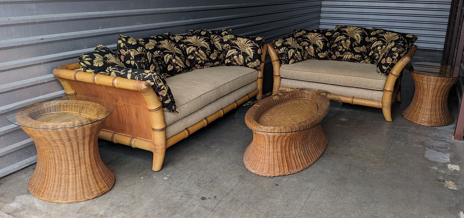 Vintage Bamboo Sofa & Loveseat with Wicker Tables 